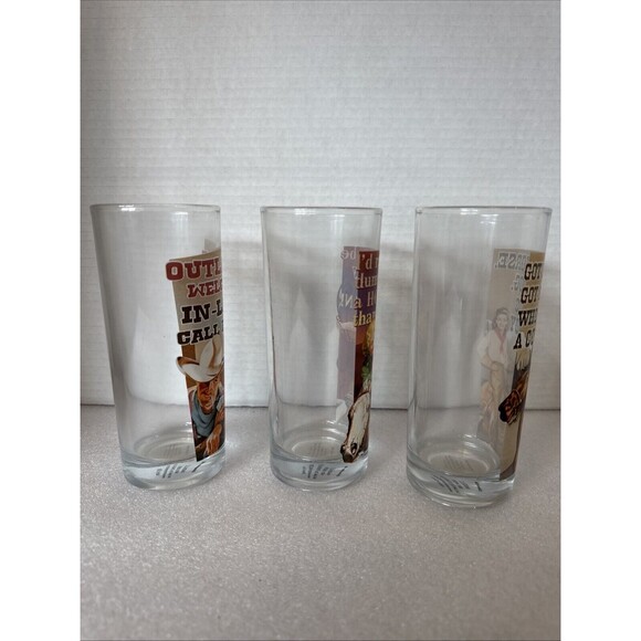 Set Of 3 Tall Funny Cowgirl Glasses  6 Inches Tall Each Glass Highball - Picture 9 of 10